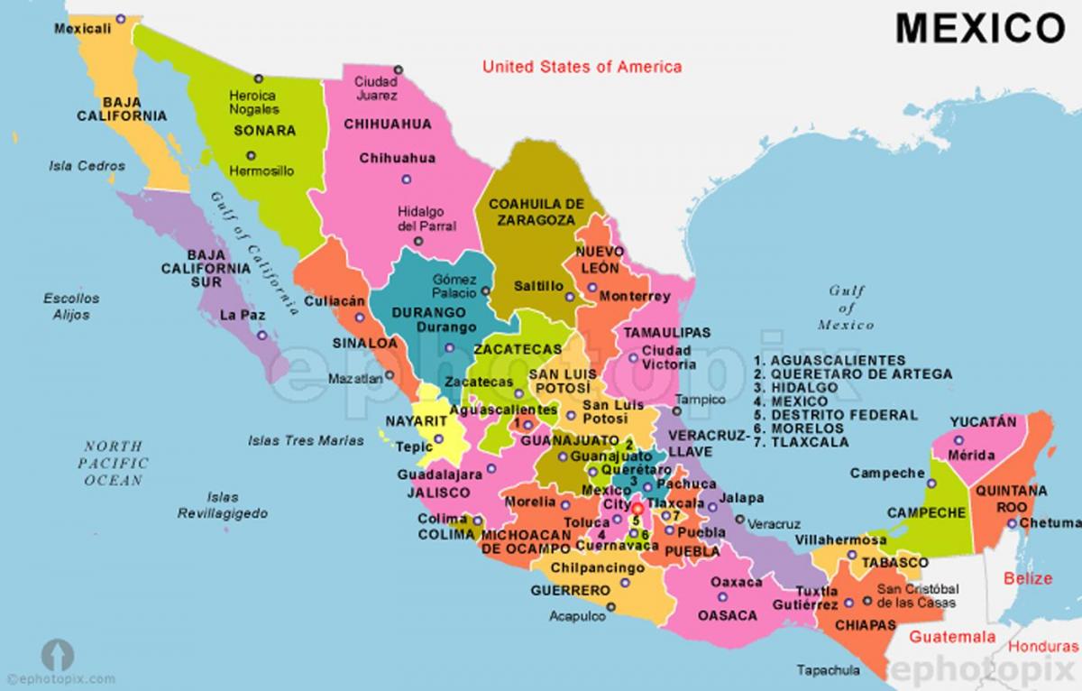 Mexiko-Karte mit Staaten und Hauptstädten